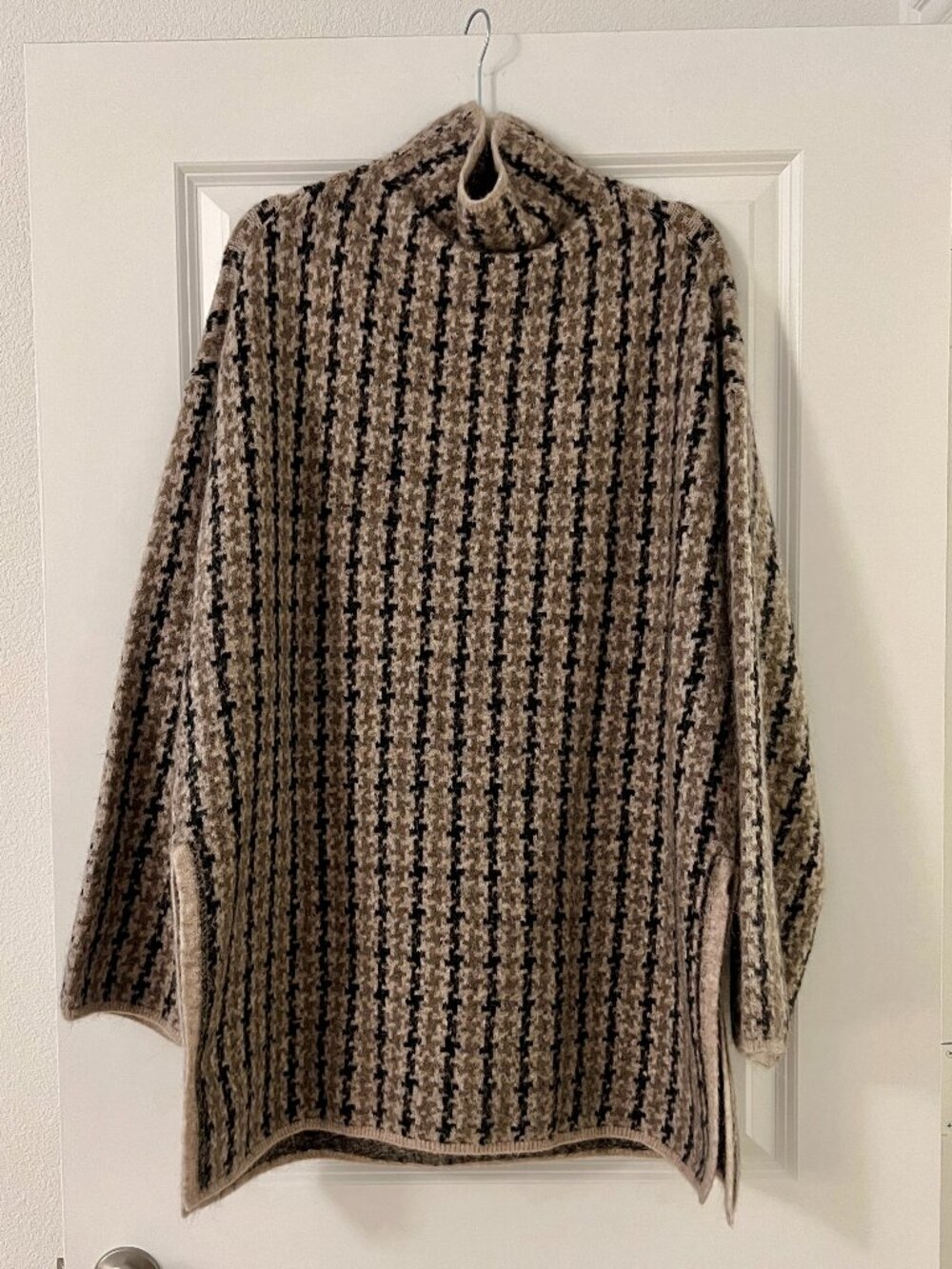 Arket Wool-Blend Beige Brown Black Plaid Tunic Length Turtleneck Sweater, NEW